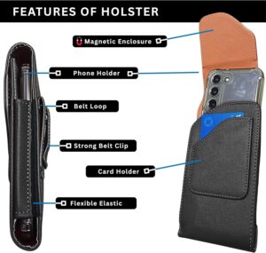 Leather Vertical Cell Phone Holster 1 1 Wireless City Leather Phone Holster with Belt Clip & Loops – Fits iPhone, Galaxy, Pixel – Universal Fit with Magnetic Closure – Black
